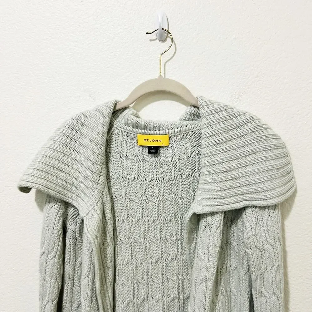 [St. John] Mint Green Open Front Chunky Cable Knit Cardigan Sweater Sz Petite P